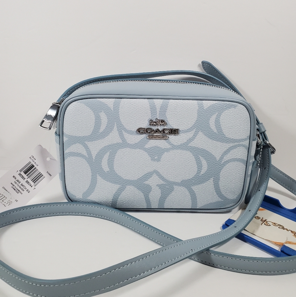 NWT COACH Mini Jamie Camera Bag In Sketch Signature Canvas Silver/Ice Blue